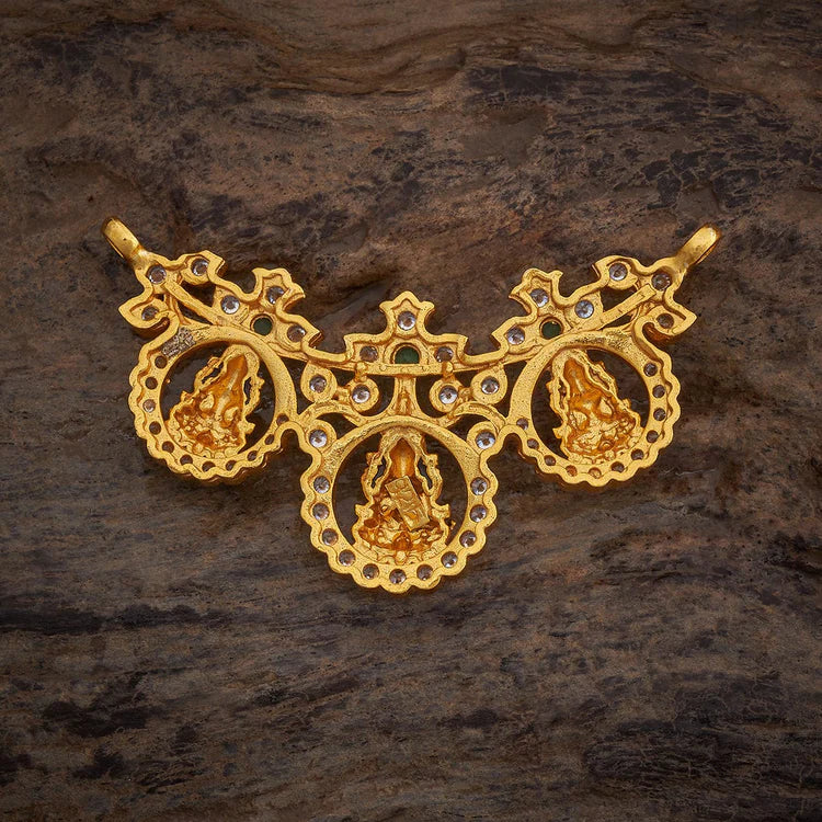 Pure 92.5 Silver, Antique Gold-Plated Lakshmi Temple Necklace Pendant with CZ Stones and Emerald Accents