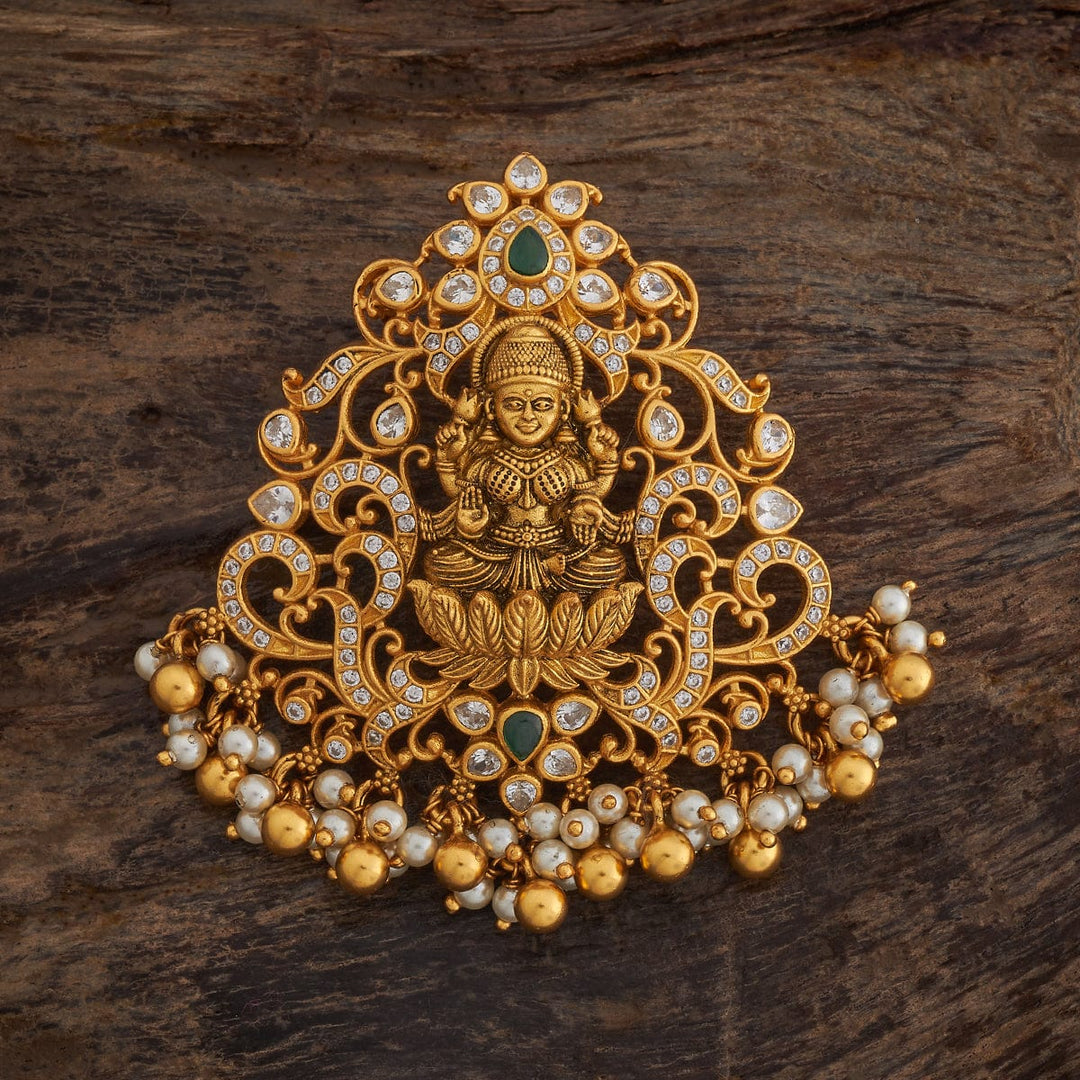 Pure 92.5 silver Gold Plated CZ Stones Lakshmi Temple Pendant with dangling Pearl