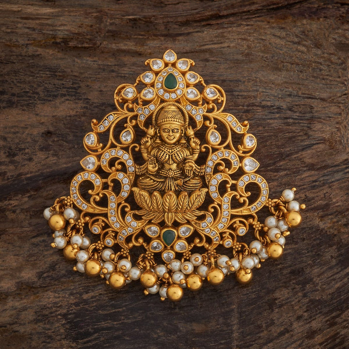 Pure 92.5 silver Gold Plated CZ Stones Lakshmi Temple Pendant with dangling Pearl