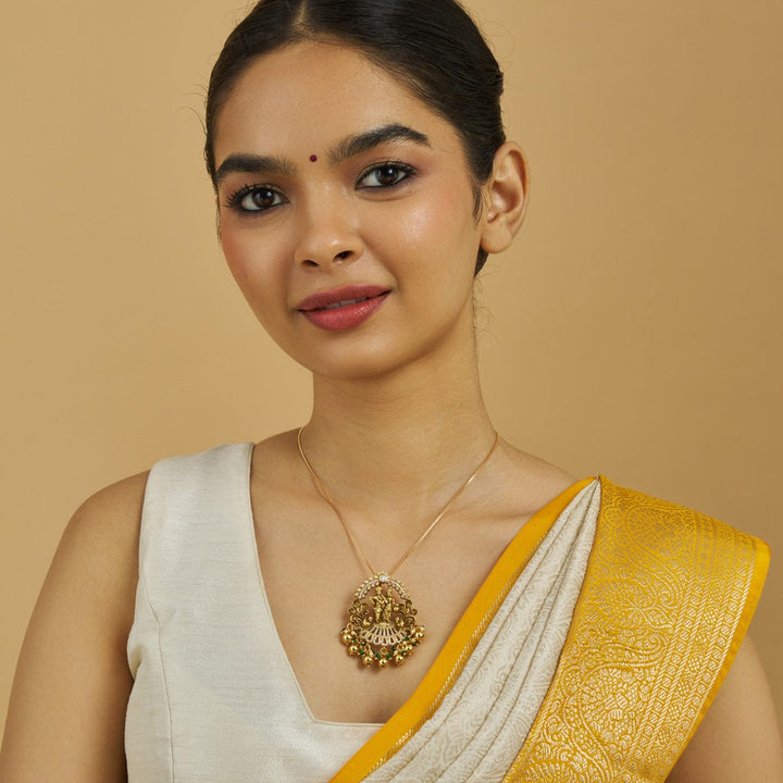 Pure 92.5 silver Gold Plated Divine Temple Pendant with Radha Krishna and Dangling Beads