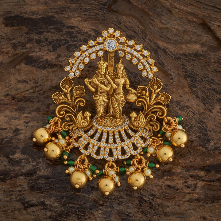 Pure 92.5 silver Gold Plated Divine Temple Pendant with Radha Krishna and Dangling Beads