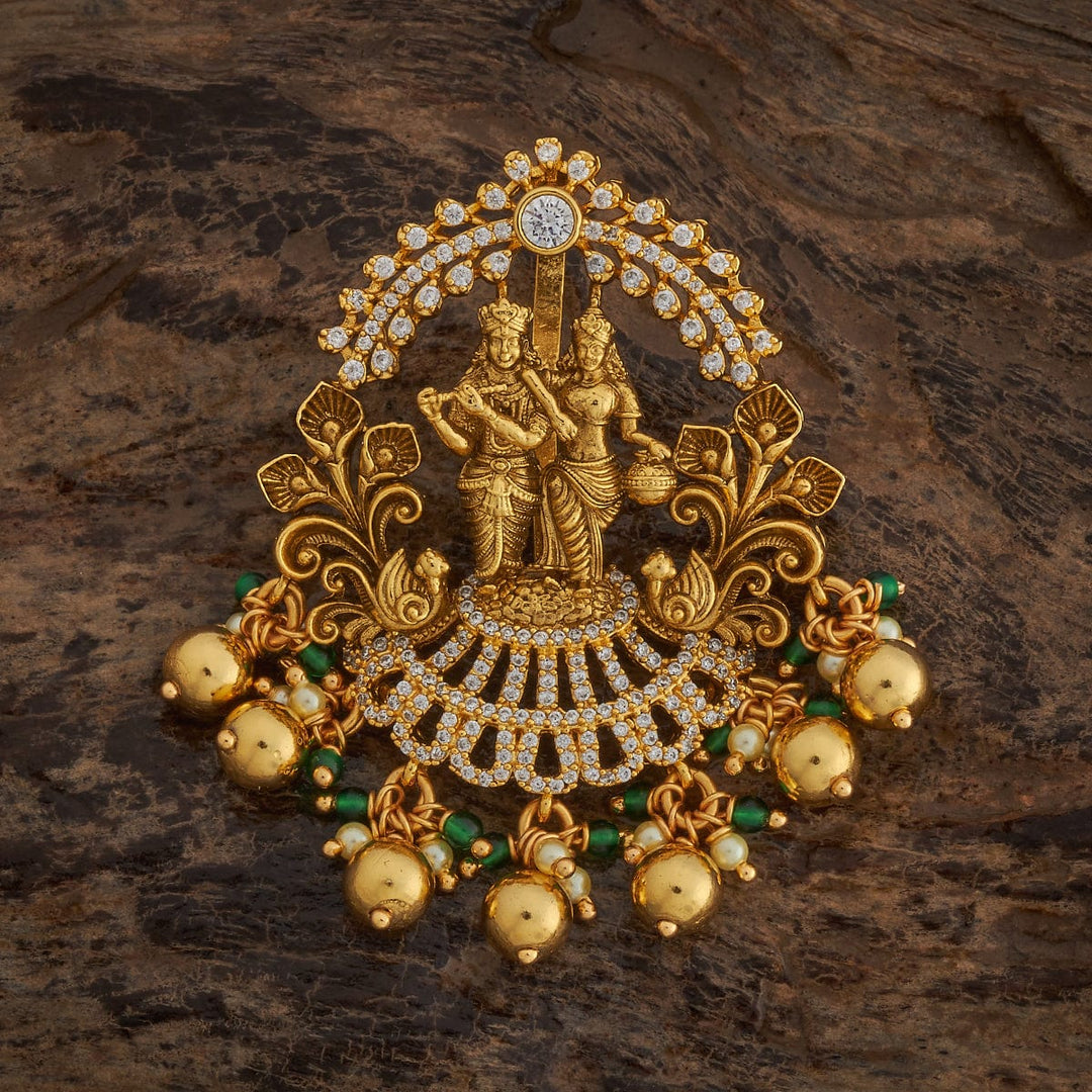 Pure 92.5 silver Gold Plated Divine Temple Pendant with Radha Krishna and Dangling Beads