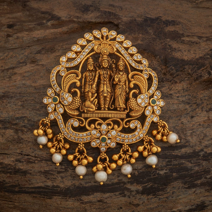 Pure 92.5 Silver Rama Darbar Pendant in Gold Finish with White Stone and Pearls Dangling