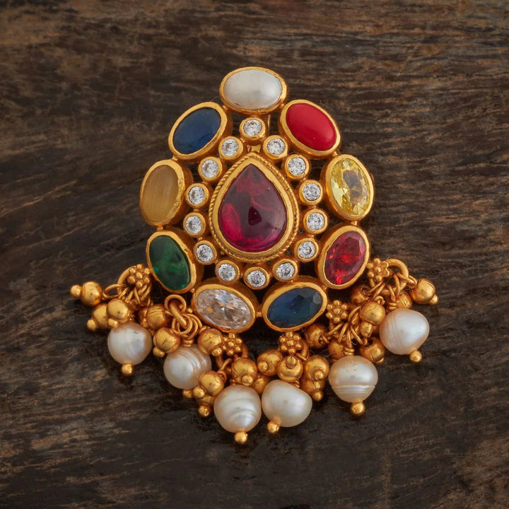 Pure 92.5 Silver Gold Plated CZ-Accented Navaratna Pendant Featuring Oval Gemstones and Pearls