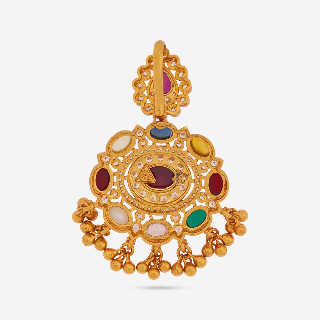 Pure 92.5 silver Gold Plated Multi-Stone Navaratna Temple Pendant with CZ Stones with Dangling Beads