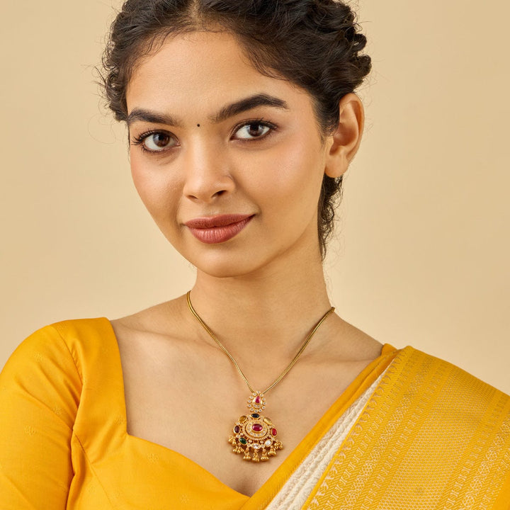 Pure 92.5 silver Gold Plated Multi-Stone Navaratna Temple Pendant with CZ Stones with Dangling Beads