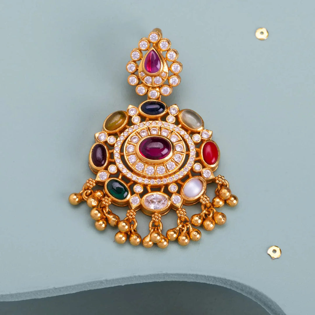 Pure 92.5 silver Gold Plated Multi-Stone Navaratna Temple Pendant with CZ Stones with Dangling Beads