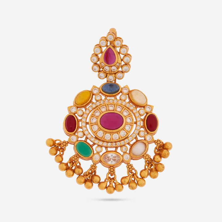 Pure 92.5 silver Gold Plated Multi-Stone Navaratna Temple Pendant with CZ Stones with Dangling Beads
