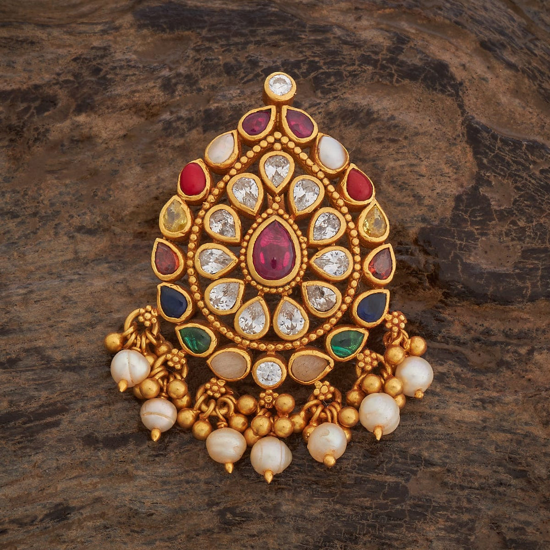 Pure 92.5 silver Gold Plated Pear-Shaped Multi-Stone Temple Pendant