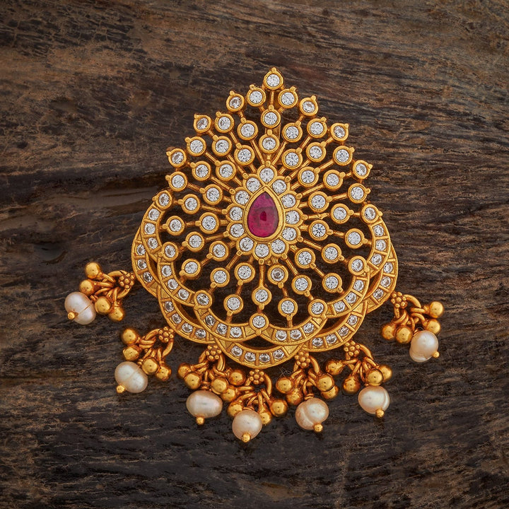 Pure 92.5 silver Cz Stone Pear-Shaped Temple Pendant with Pink Stone and Dangling Pearls