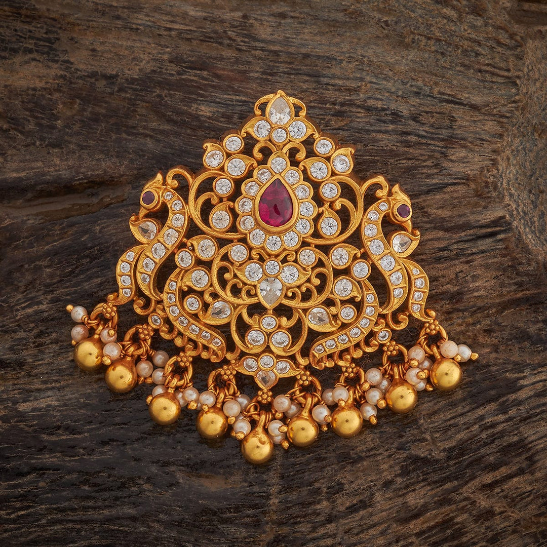 Pure 92.5 silver Gold Plated Temple Pendant with Peacock and Floral Design with Dangling Beads