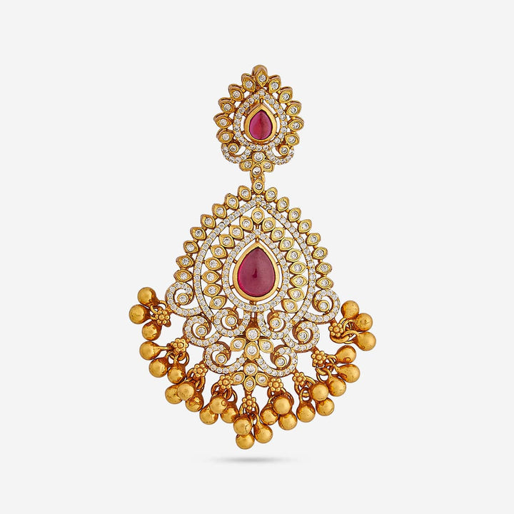 Pure 92.5 silver Gold Plated Floral CZ Stone Temple Pendant with Gold Dangling Beads