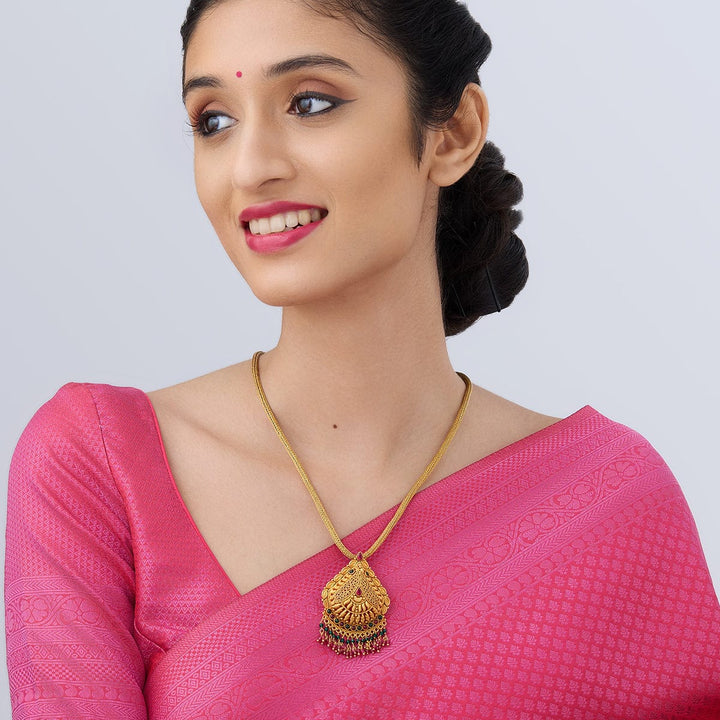 Pure 92.5 silver Gold Plated Leafy Motif Temple Pendant with Dangling Beads