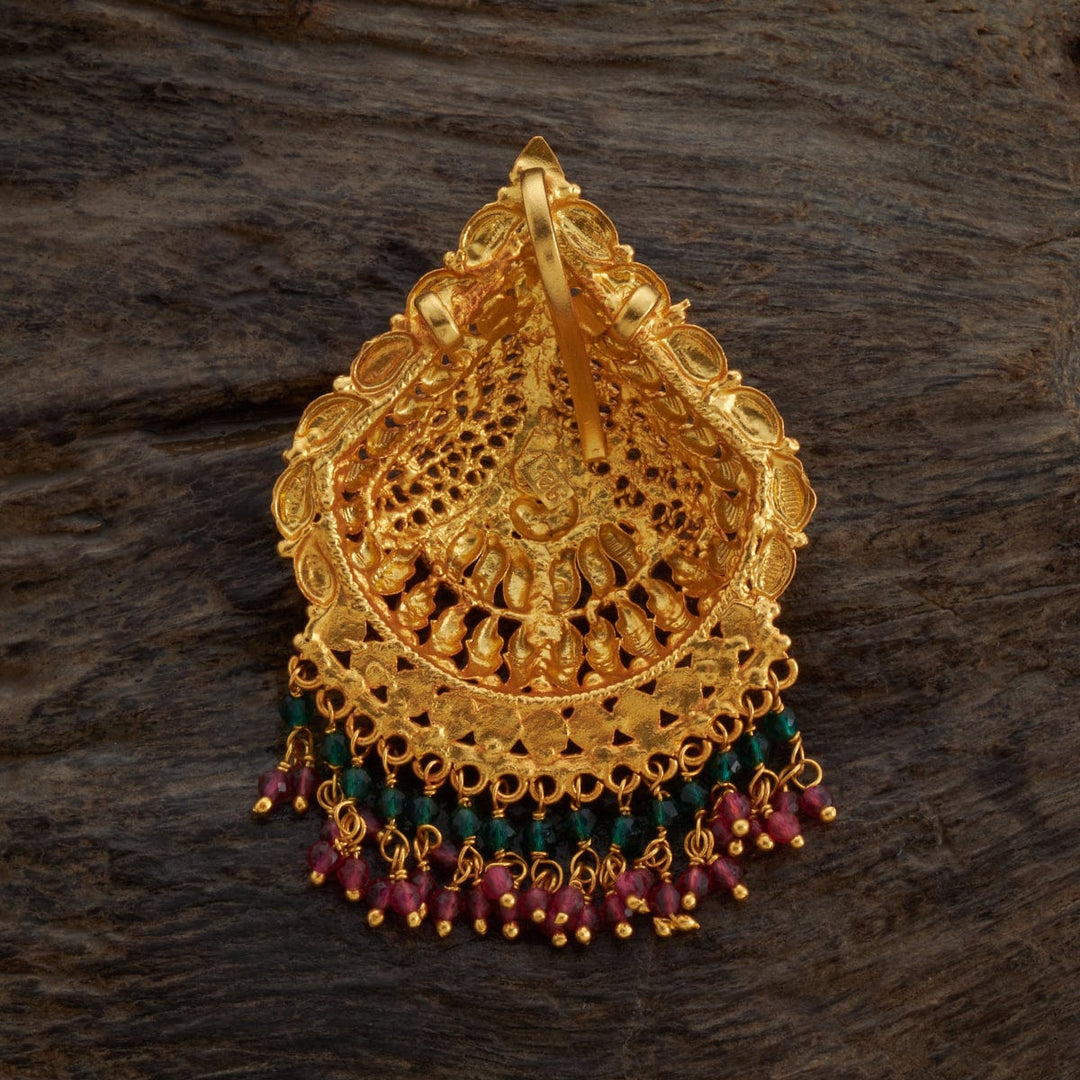 Pure 92.5 silver Gold Plated Leafy Motif Temple Pendant with Dangling Beads