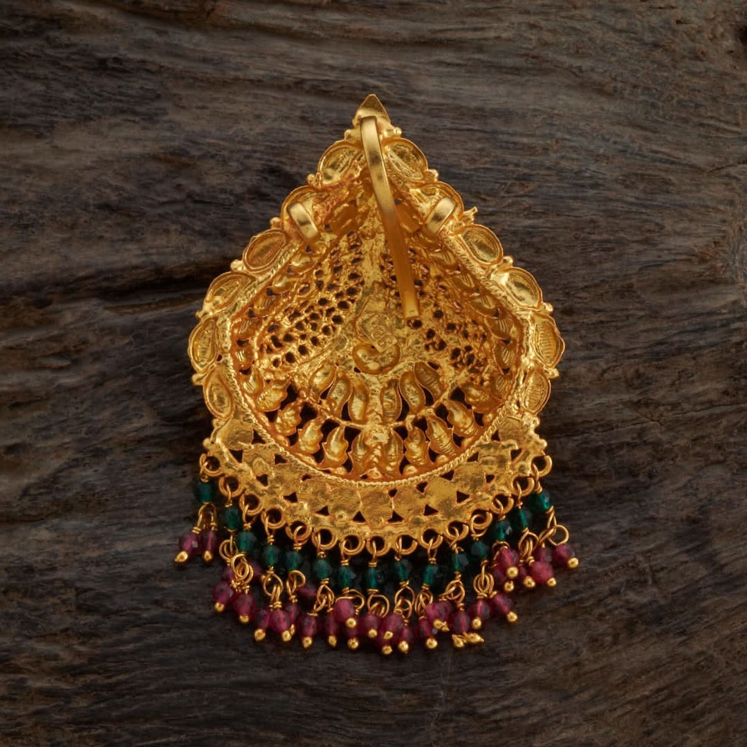 Pure 92.5 silver Gold Plated Leafy Motif Temple Pendant with Dangling Beads | SHOBITAM
