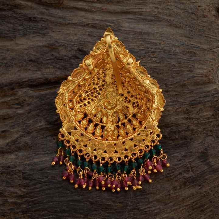 Pure 92.5 silver Gold Plated Leafy Motif Temple Pendant with Dangling Beads | SHOBITAM