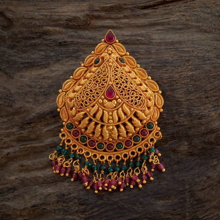 Pure 92.5 silver Gold Plated Leafy Motif Temple Pendant with Dangling Beads