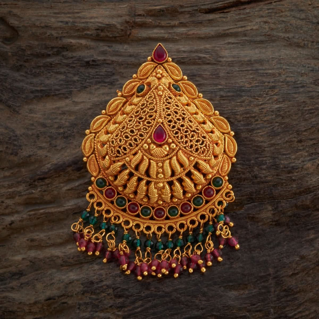 Pure 92.5 silver Gold Plated Leafy Motif Temple Pendant with Dangling Beads | SHOBITAM