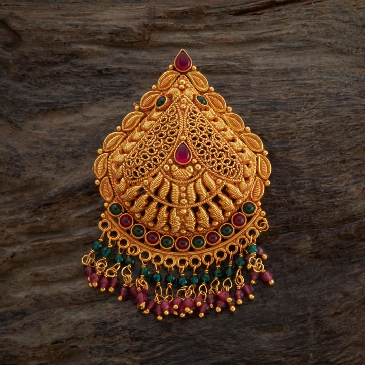 Pure 92.5 silver Gold Plated Leafy Motif Temple Pendant with Dangling Beads | SHOBITAM