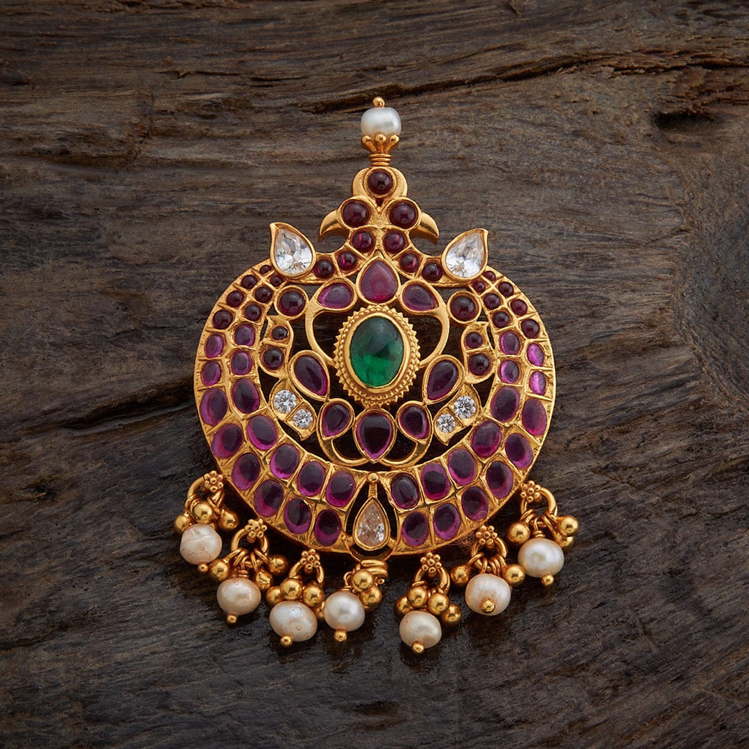 Pure 92.5 silver Oval Pattern Temple Pendant with Dangling Pearls