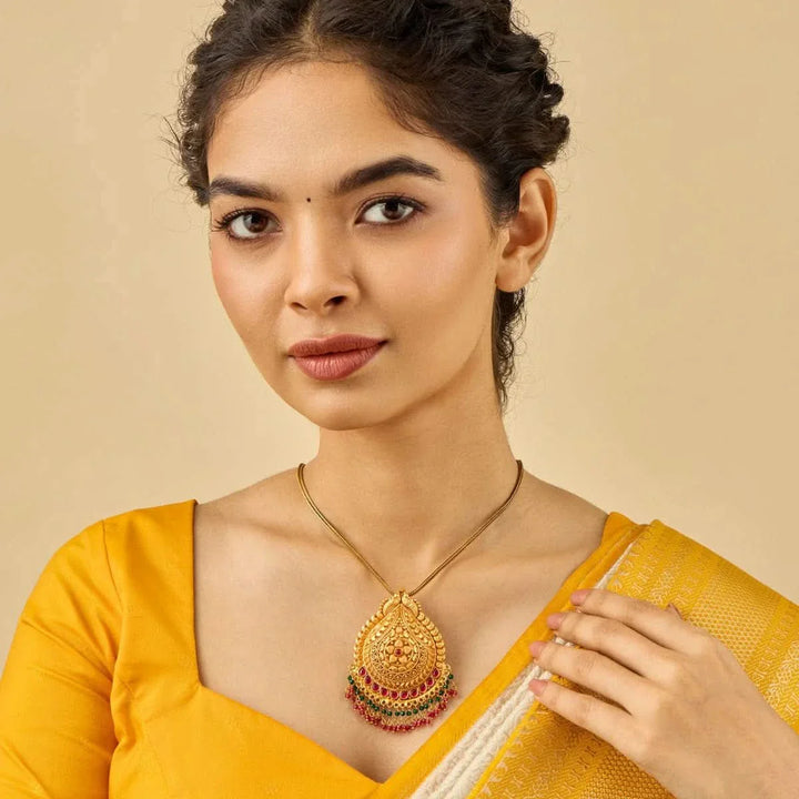 Pure 92.5 silver Gold Plated Multi-Stone Teardrop with Mango Design Temple Pendant