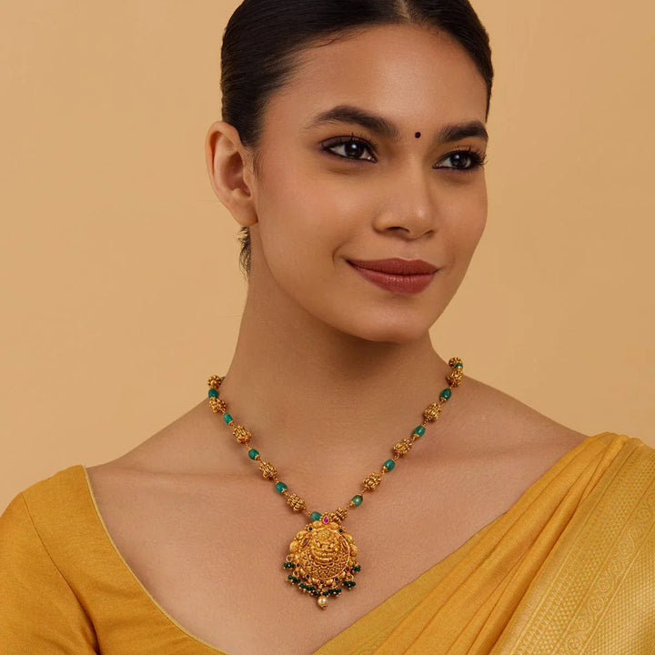 Pure 92.5 Silver Lakshmi Pendant with Green dangling Beads