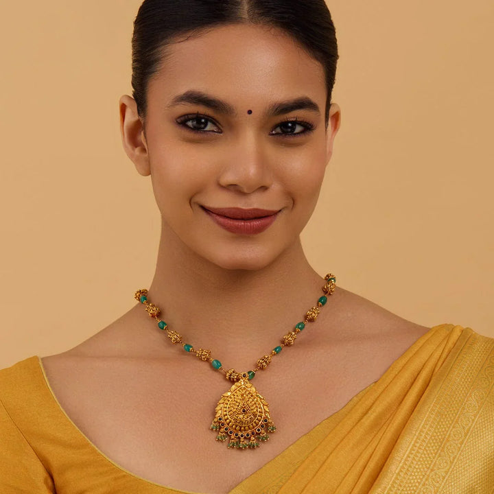 Pure 92.5 Silver Gold Plated Ruby Green Ethnic Temple Pendant