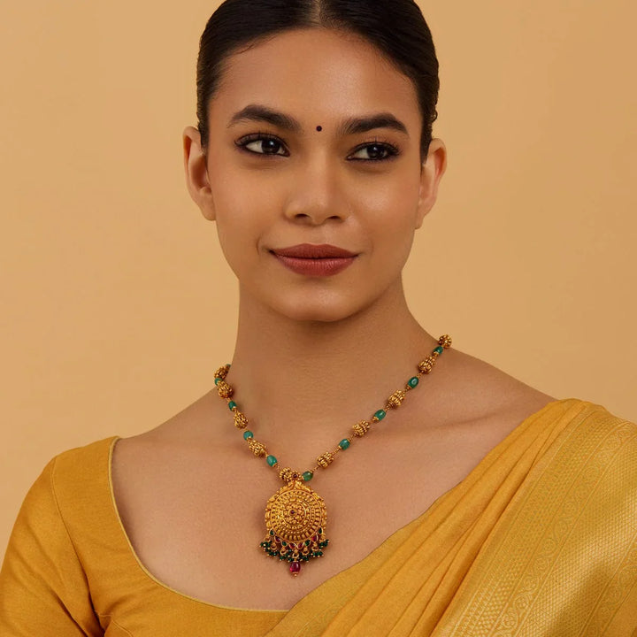 Pure 92.5 Silver Gold Plated Mandala Design Temple Pendant with Gemstone Detailing