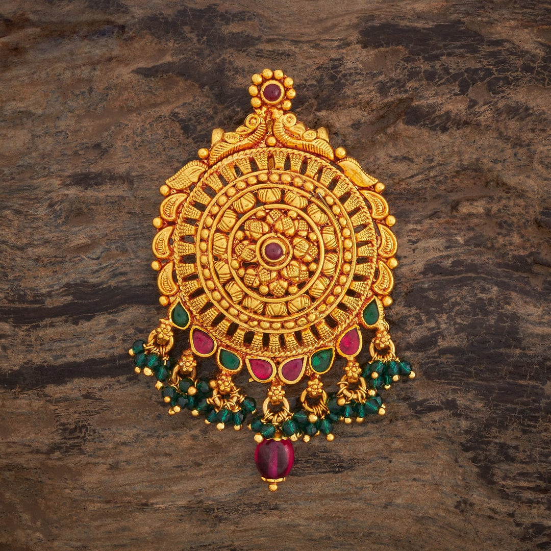 Pure 92.5 Silver Gold Plated Mandala Design Temple Pendant with Gemstone Detailing