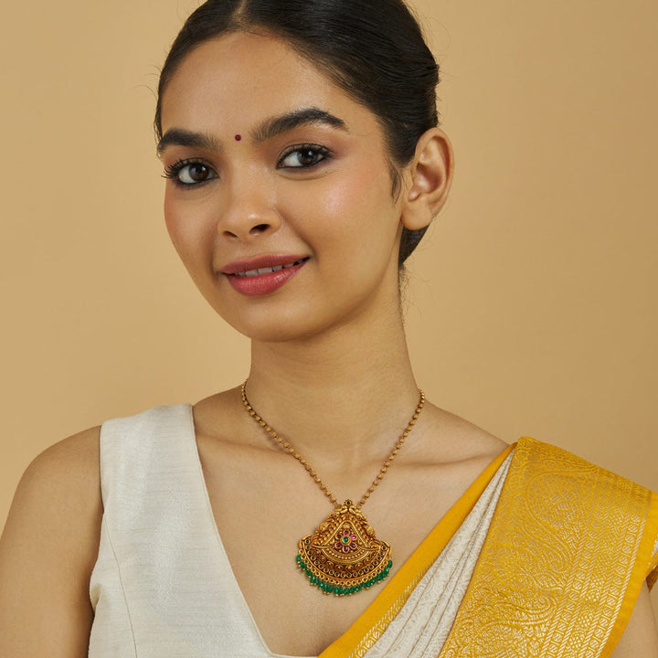 Pure 92.5 Silver Gold Plated Geometric Design Pendant with Gemstone Details and Dangling Beads