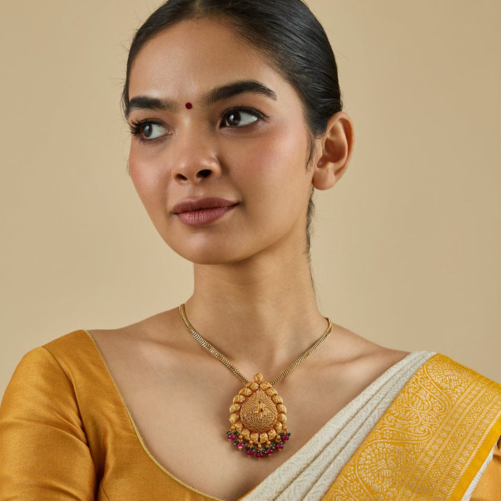 Pure 92.5 silver Gold Plated Oxidized Mango Motif Temple Pendant with Dangling Beads
