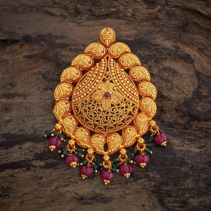 Pure 92.5 silver Gold Plated Oxidized Mango Motif Temple Pendant with Dangling Beads