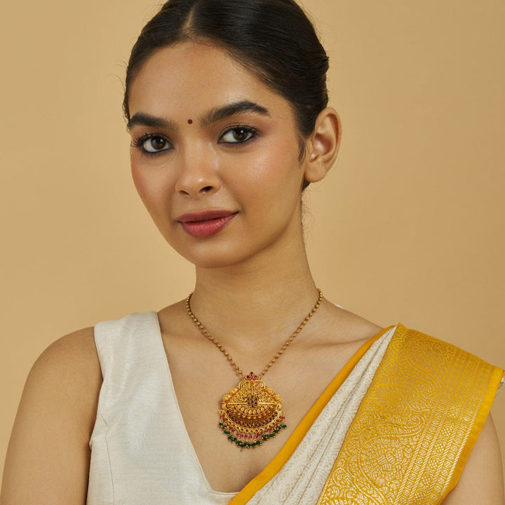 Pure 92.5 Silver Ethnic Gold-Plated Triangular Pendant with Gemstone Embellishments