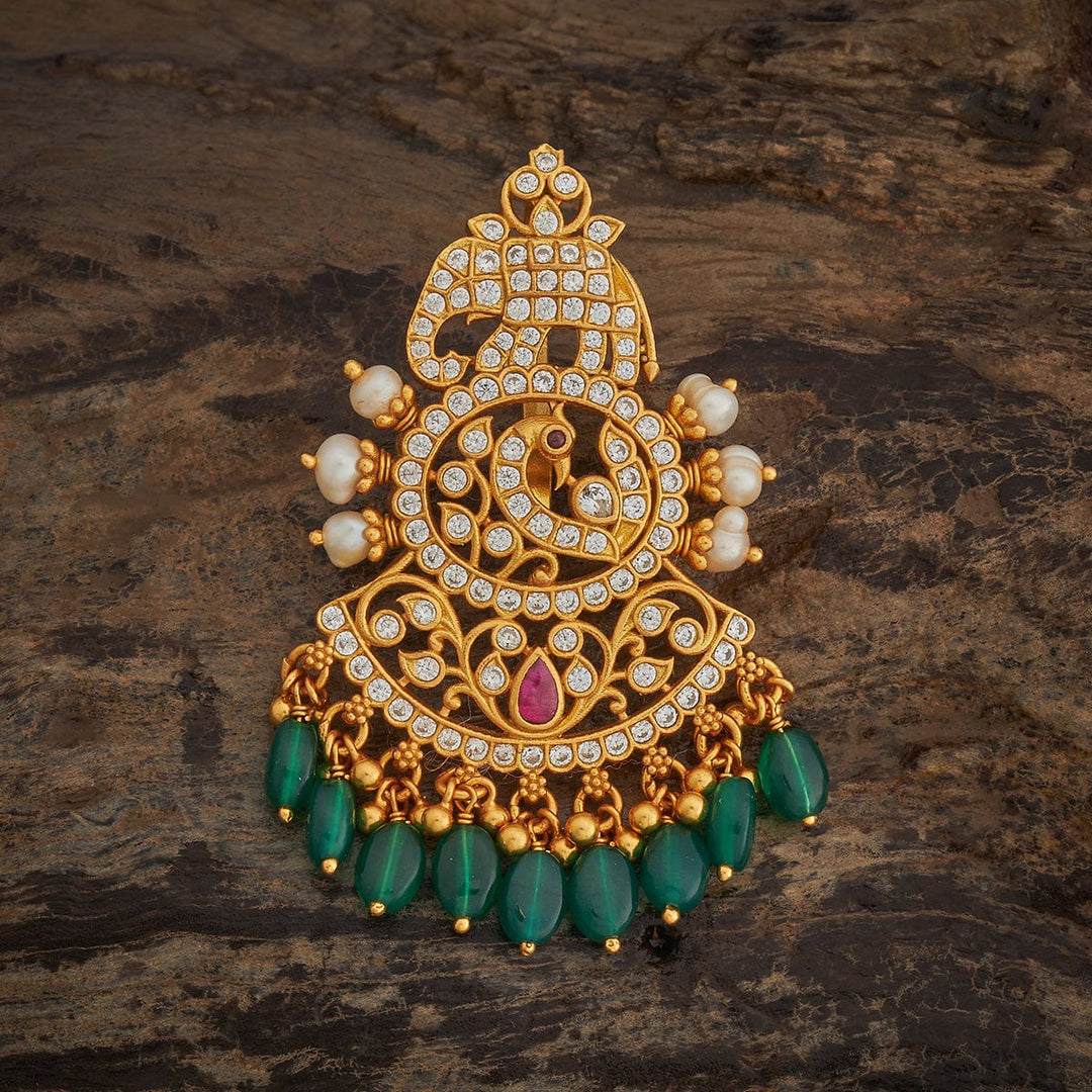 Pure 92.5 silver Gold Plated Temple Pendant With Elephant-Peacock Design and Dangling Green Drops