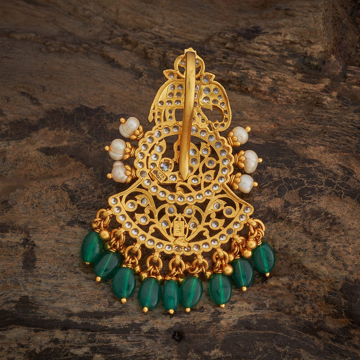 Pure 92.5 silver Gold Plated Temple Pendant With Elephant-Peacock Design and Dangling Green Drops