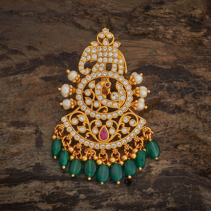 Pure 92.5 silver Gold Plated Temple Pendant With Elephant-Peacock Design and Dangling Green Drops