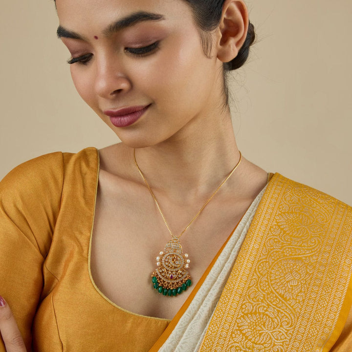 Pure 92.5 silver Gold Plated Temple Pendant With Elephant-Peacock Design and Dangling Green Drops