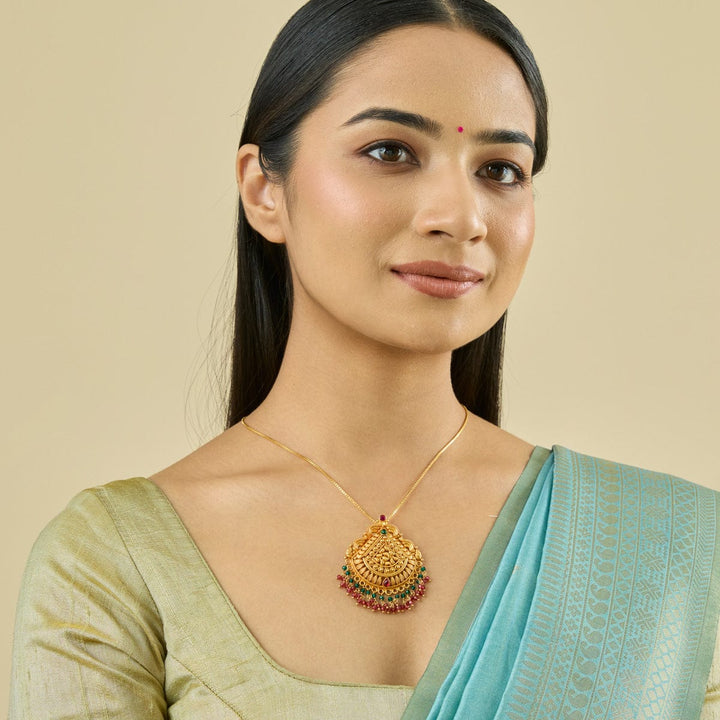 Pure 92.5 Silver Gold-Plated Pendant with Intricate Design and Red-Green Dangling Beads