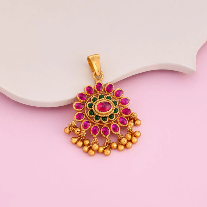 Pure 92.5 Silver Gold Plated Pink and Green Stones Pendant With Beads