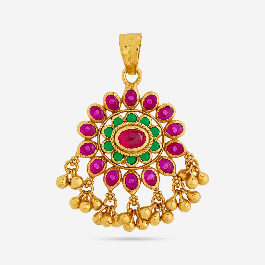 Pure 92.5 Silver Gold Plated Pink and Green Stones Pendant With Beads