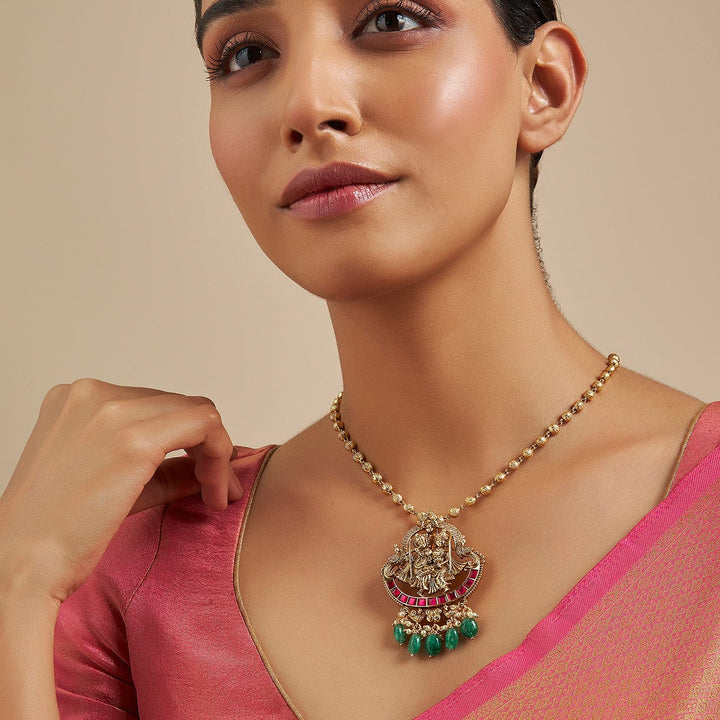 Pure 92.5 silver Gold Plated Radha Krishna Jhoola Pendant with Dangling Beads
