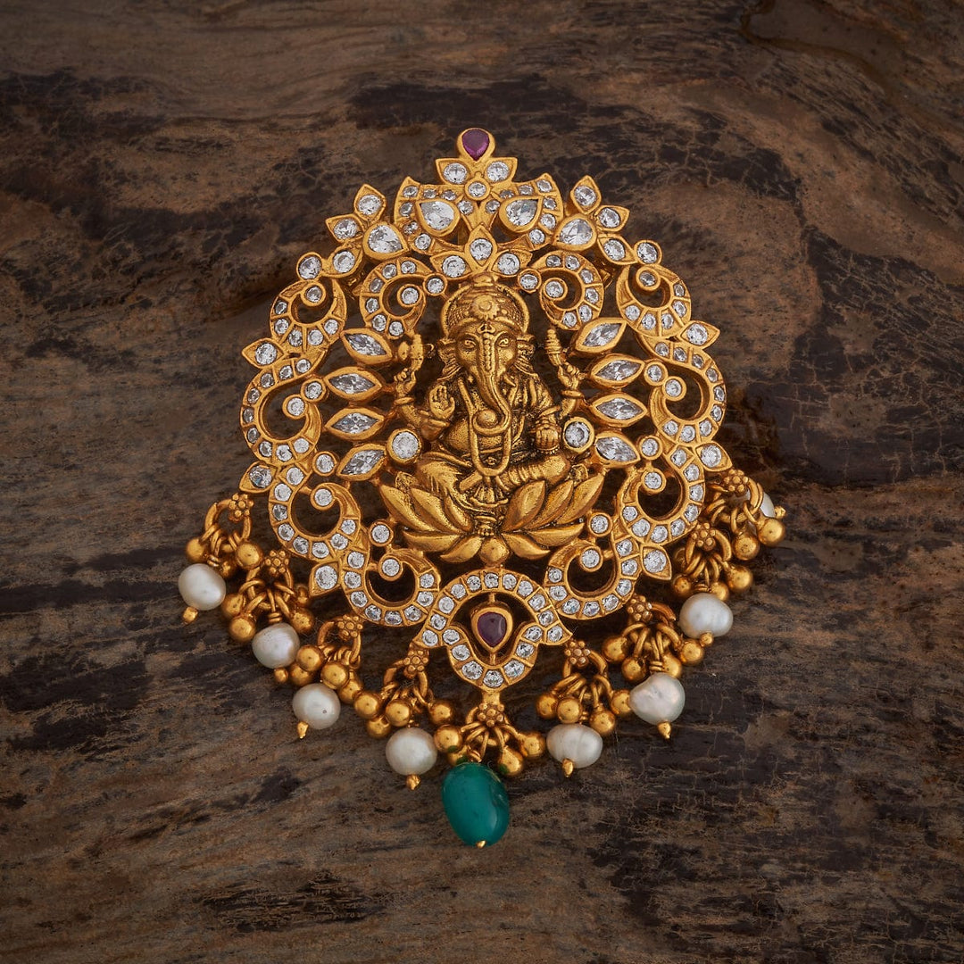 Pure 92.5 silver Gold Plated Temple Pendant with Lord Ganesha, CZ Stones with Dangling Beads