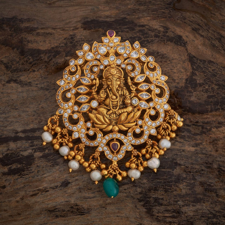 Pure 92.5 silver Gold Plated Temple Pendant with Lord Ganesha, CZ Stones with Dangling Beads