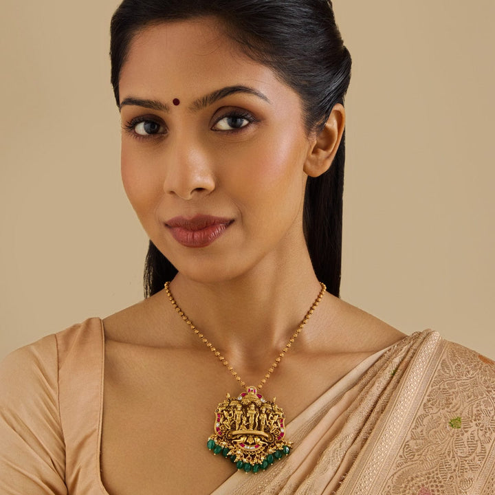 Pure 92.5 Silver Ram Darbar Pendant With Pink-White Stones And Dangling Pearls And Beeds