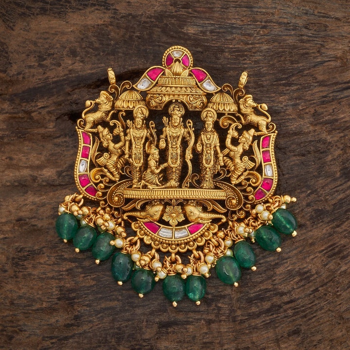 Pure 92.5 Silver Ram Darbar Pendant With Pink-White Stones And Dangling Pearls And Beeds