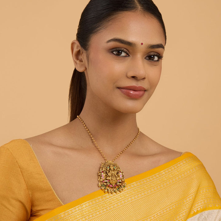 Pure 92.5 Silver Gold Plated Oxidised Temple Pendant with Gemstone Details and Dangling Beads