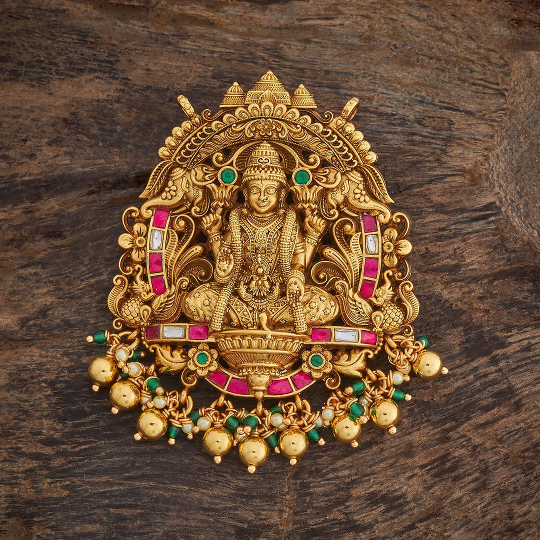 Pure 92.5 Silver Gold Plated Oxidised Temple Pendant with Gemstone Details and Dangling Beads
