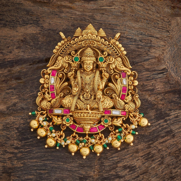 Pure 92.5 Silver Gold Plated Oxidised Temple Pendant with Gemstone Details and Dangling Beads
