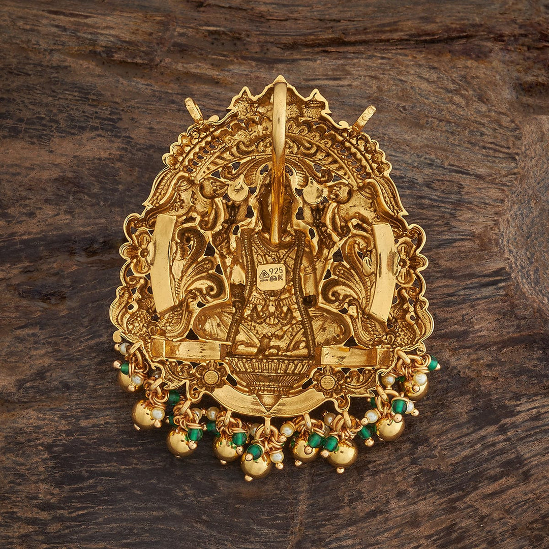 Pure 92.5 Silver Gold Plated Oxidised Temple Pendant with Gemstone Details and Dangling Beads