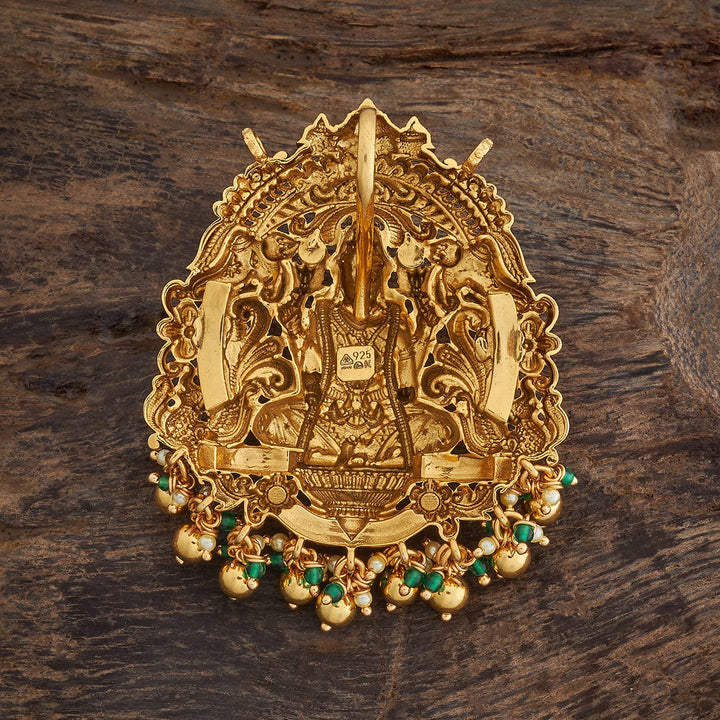 Pure 92.5 Silver Gold Plated Oxidised Temple Pendant with Gemstone Details and Dangling Beads